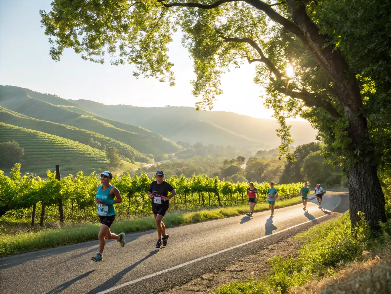 An action shot of a group of runners participating in a C.V.T.A. organized cross-country race through a scenic, wooded area near Chaumont-en-Vexin. The runners are of various ages and abilities, showcasing the inclusive nature of the event.