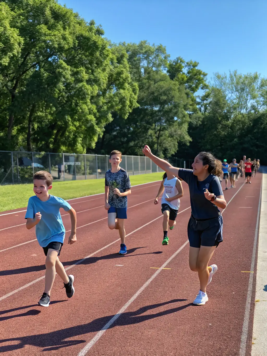 A dynamic shot of a group of runners participating in a cross-country race, showcasing the energy and camaraderie of the event.