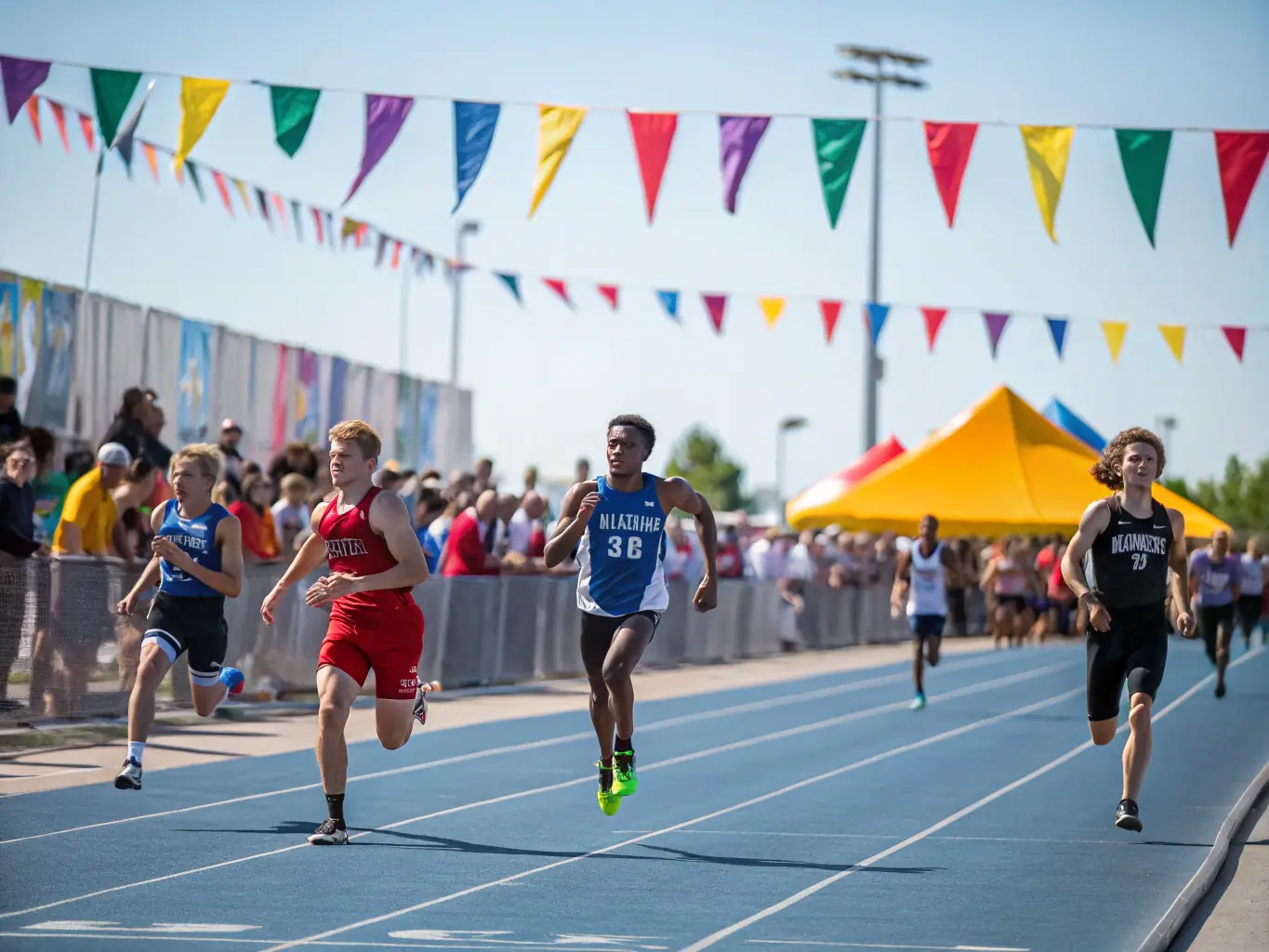 A vibrant image capturing participants engaged in a track and field event organized by C.V.T.A. at a local stadium. The focus is on the energy and excitement of the competition, with athletes of all ages participating.