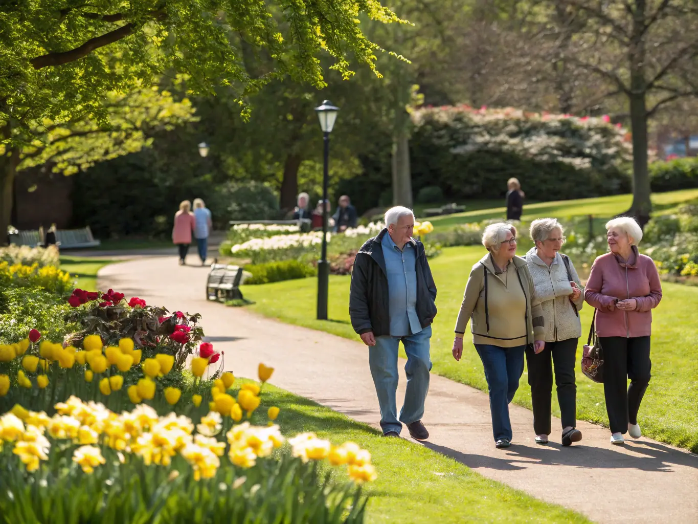 A photograph of a group of people of different ages participating in a Nordic walking session in a park in Chaumont-en-Vexin. The participants are using walking poles and are smiling and engaged.