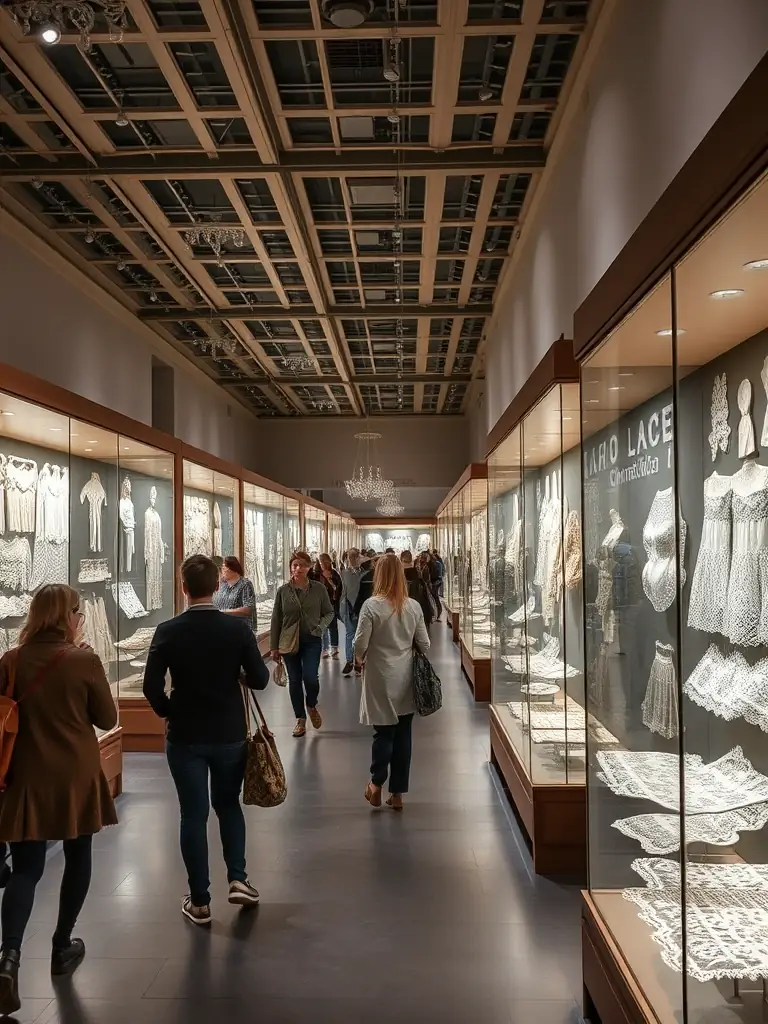 A vibrant image of a Chantilly lace exhibition, showcasing various historical and contemporary pieces. Visitors are seen admiring the delicate designs and craftsmanship.