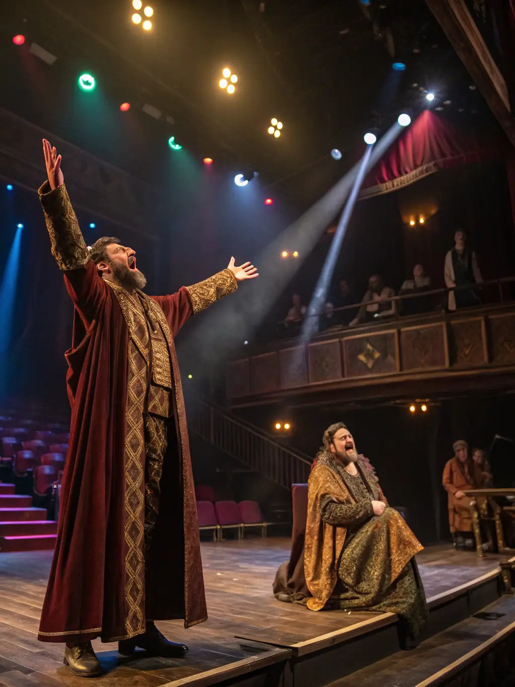 A dynamic image of a theatrical performance during the biennial festival, featuring actors in costume, stage lighting, and an enthusiastic audience.