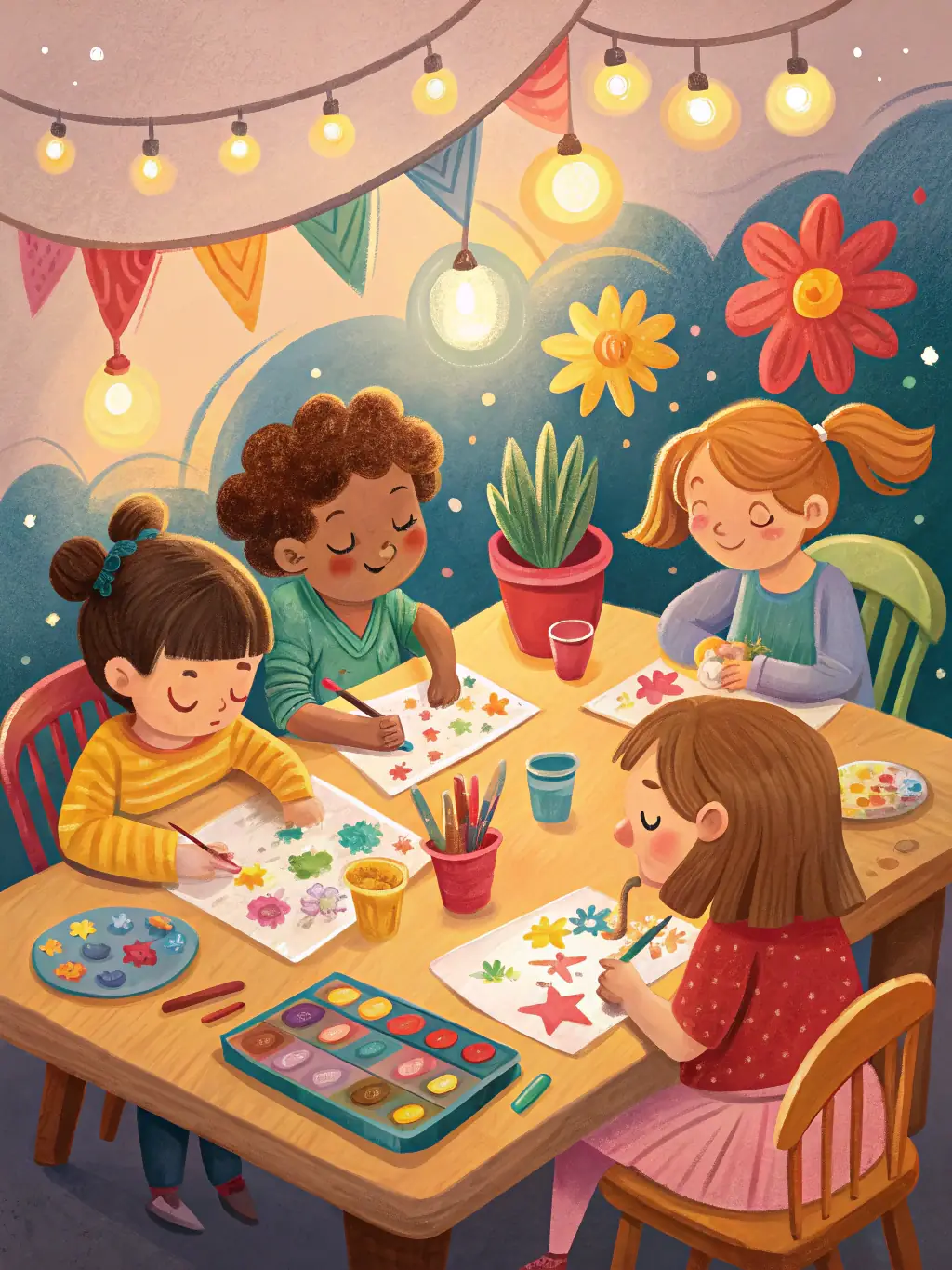 A photograph of a group of children participating in an art workshop, creating colorful artwork under the guidance of a local artist.