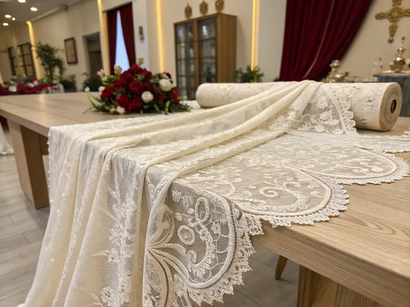 A photograph capturing a detailed display of Chantilly lace at one of the AMDC's exhibitions, showcasing the intricate patterns and delicate craftsmanship.