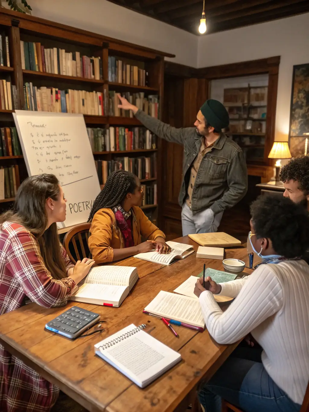 A photograph capturing a poetry reading session at a local library, showcasing diverse participants engaged in literary discussions and creative writing exercises.