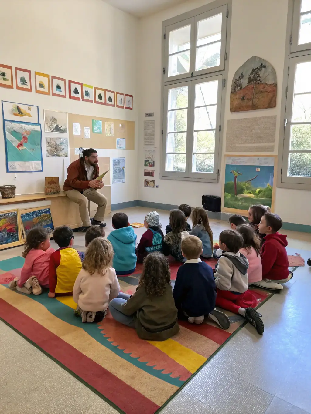 A photo of children engaged in an educational program about Chantilly lace, with a museum educator explaining the history and techniques involved.