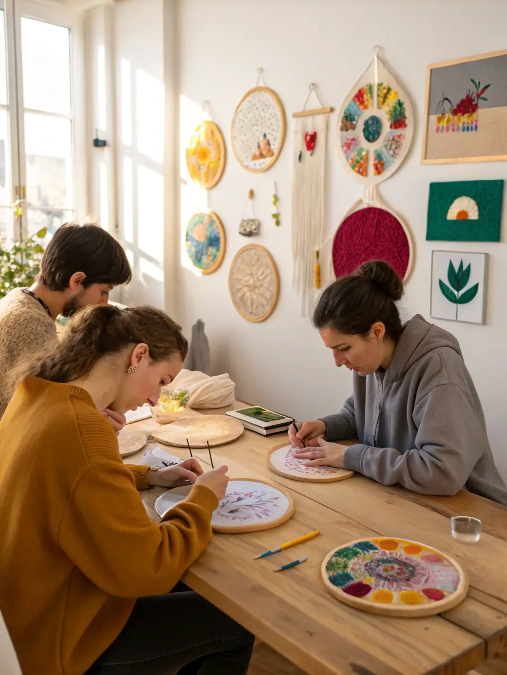 A photograph capturing a lace-making workshop in progress, with participants closely observing the intricate details of the craft. The setting is a well-lit studio with various tools and materials scattered around.