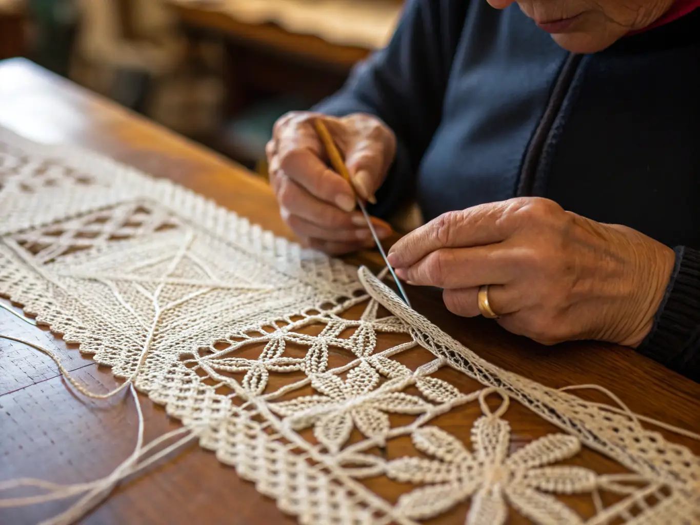 A photograph of a skilled artisan demonstrating the traditional techniques of Chantilly lace making during a live demonstration event.