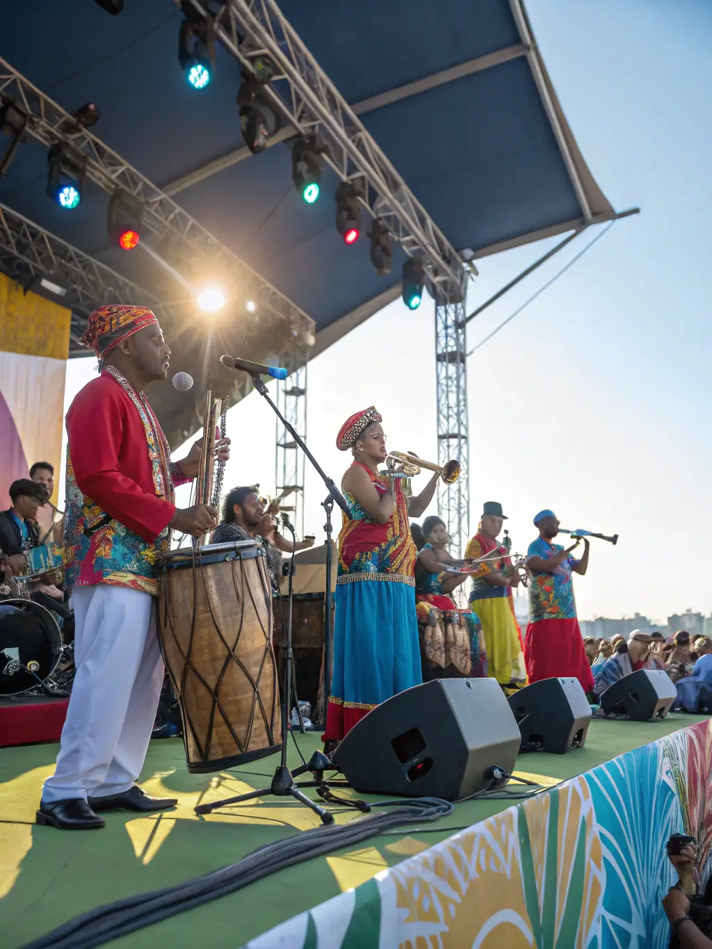 A photograph capturing a musical performance during a community event, featuring musicians playing traditional instruments and an audience enjoying the music.