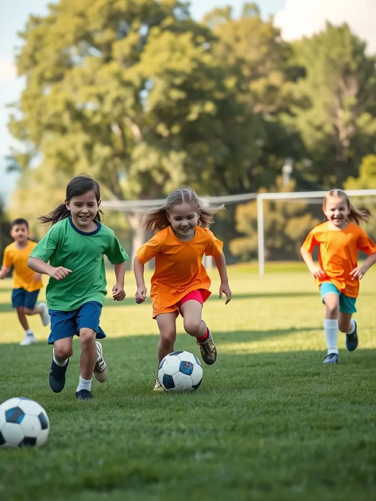 A vibrant image of children participating in a soccer game, showcasing teamwork and physical activity within the FSCF program.