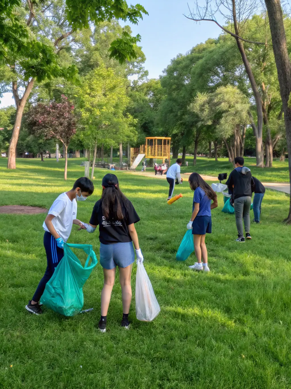 An image of young people volunteering in a community service project, cleaning up a local park and demonstrating civic responsibility.